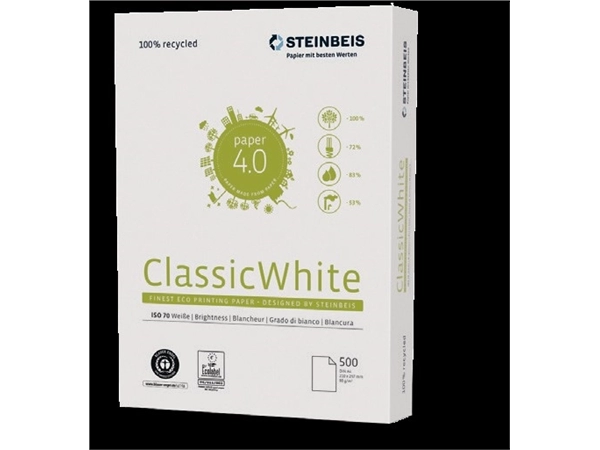 Een GERECYCLEERD KOPIEERPAPIER STEINBEIS CLASSIC WHITE A4 80GR (500 VEL) koop je bij Buro De Peuter