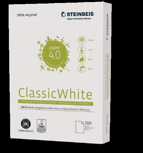 Een GERECYCLEERD KOPIEERPAPIER STEINBEIS CLASSIC WHITE A4 80GR (500 VEL) koop je bij Buro De Peuter